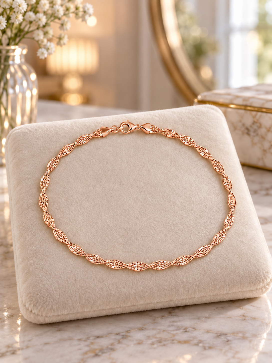 925 Sterling Silver Women's Rose Gold Twisted Link Anklet - Image 3
