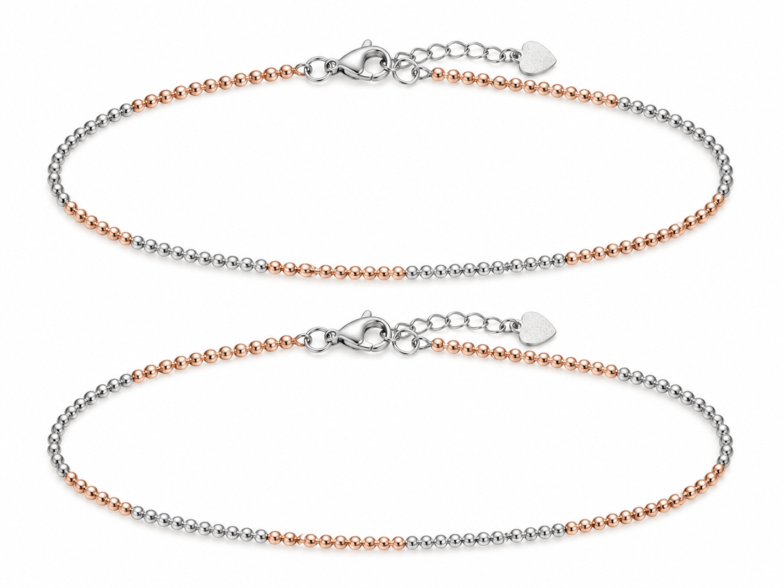925 Sterling Silver Women's Two-Tone Italian Beaded Anklet - Image 1