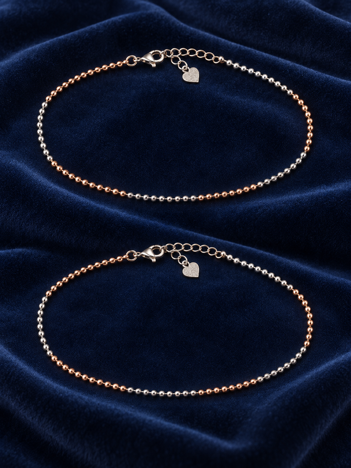 925 Sterling Silver Women's Two-Tone Italian Beaded Anklet - Image 2