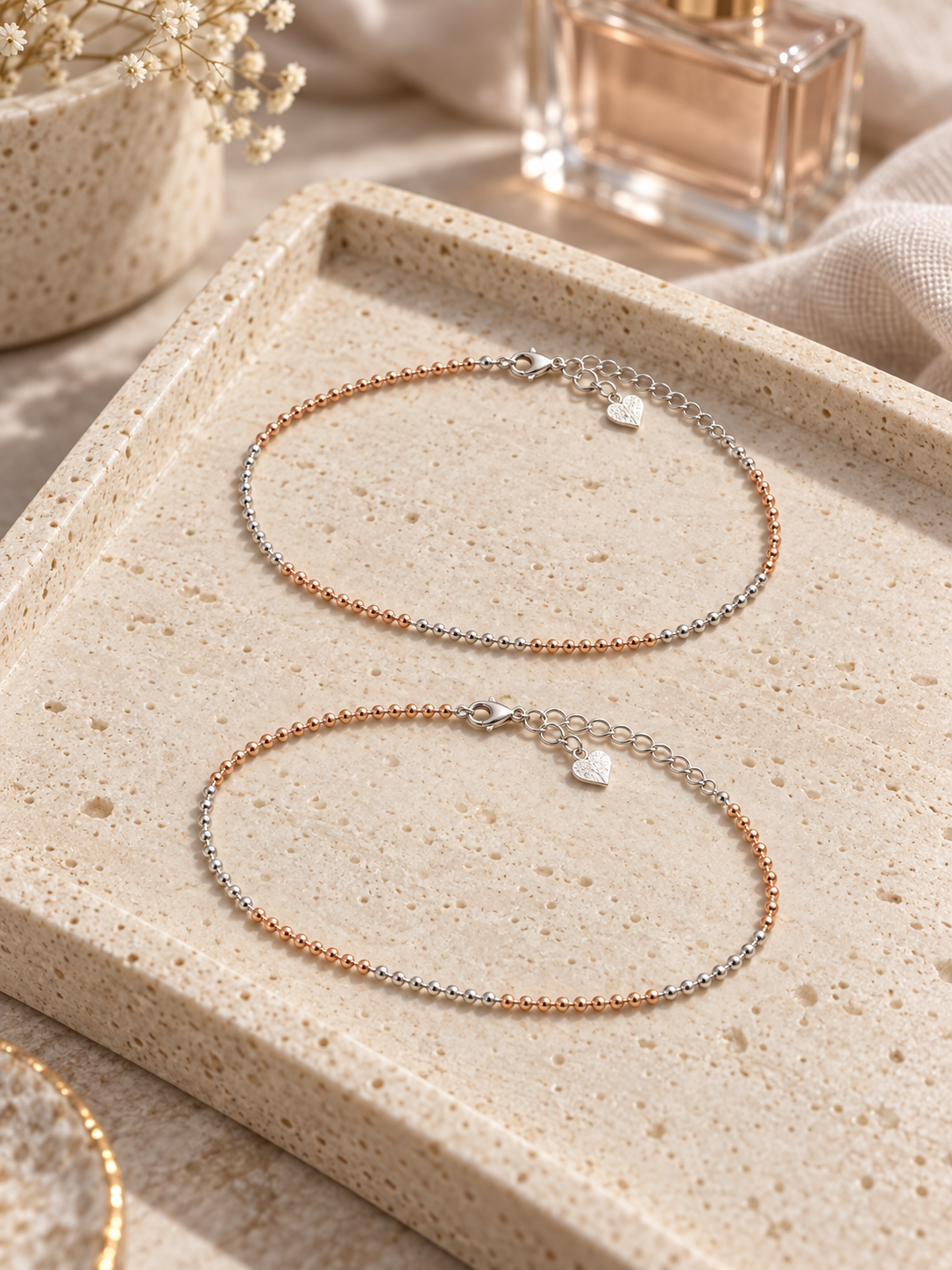 925 Sterling Silver Women's Two-Tone Italian Beaded Anklet - Image 3
