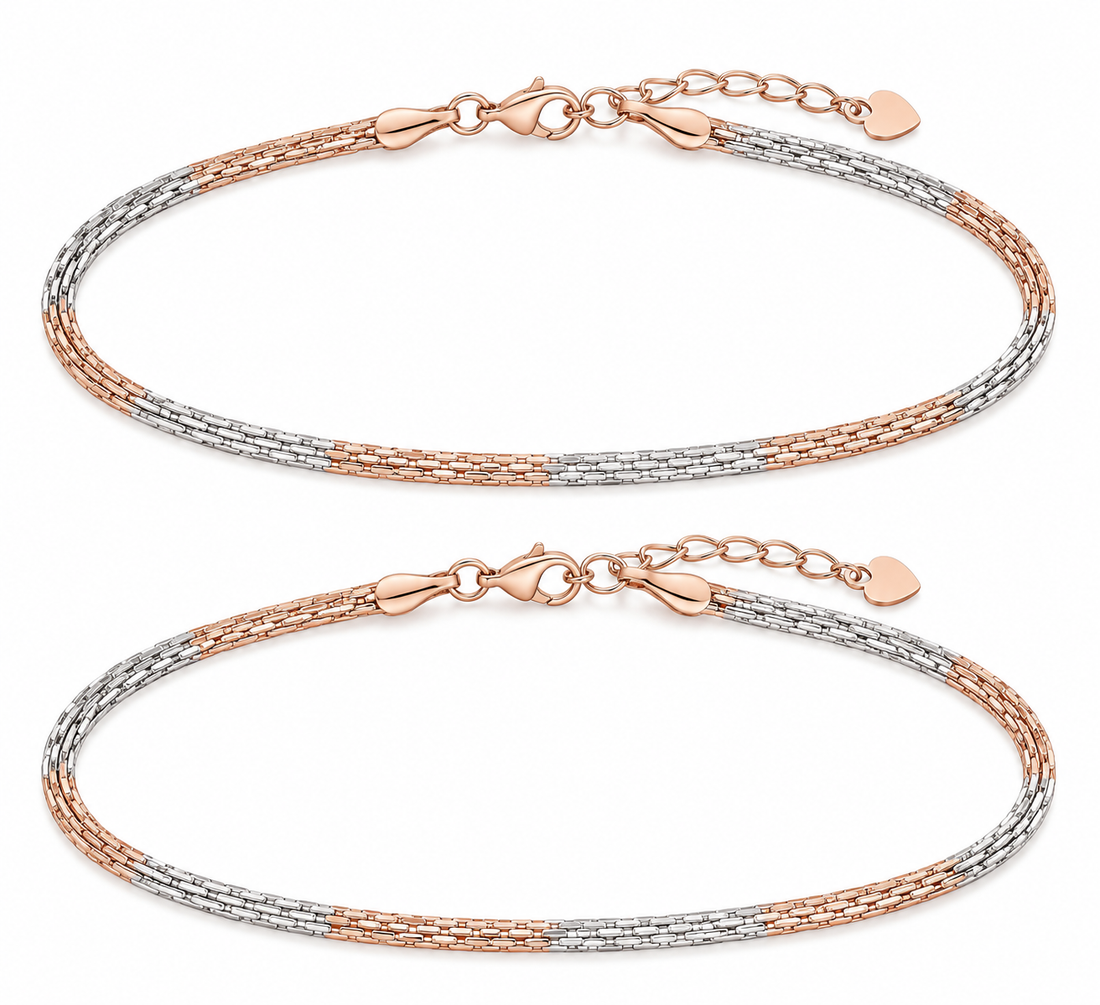 925 Sterling Silver Women's Two-Tone Braided Italian Anklet - Image 1