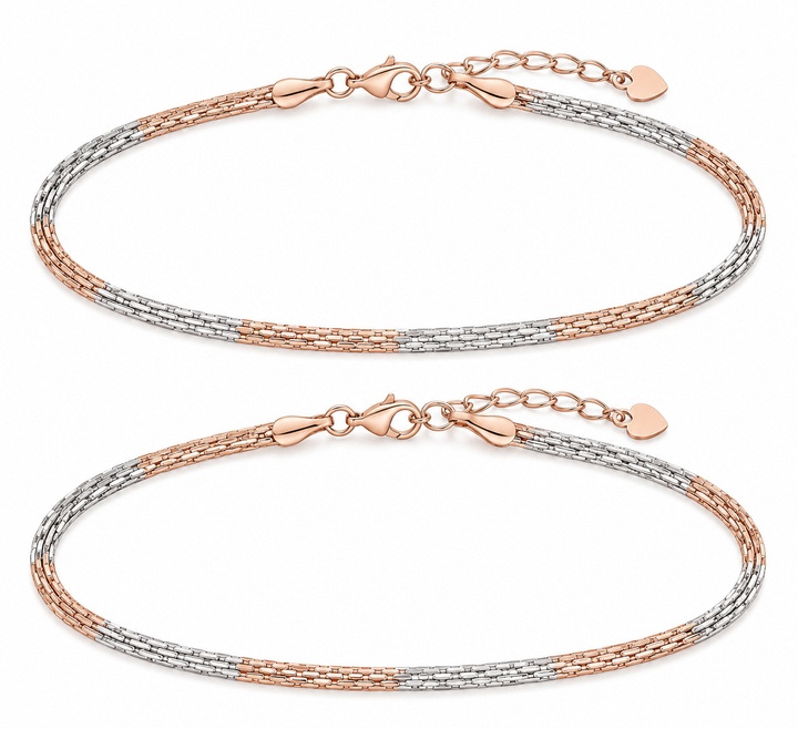 925 Sterling Silver Women's Two-Tone Braided Italian Anklet - Image 1