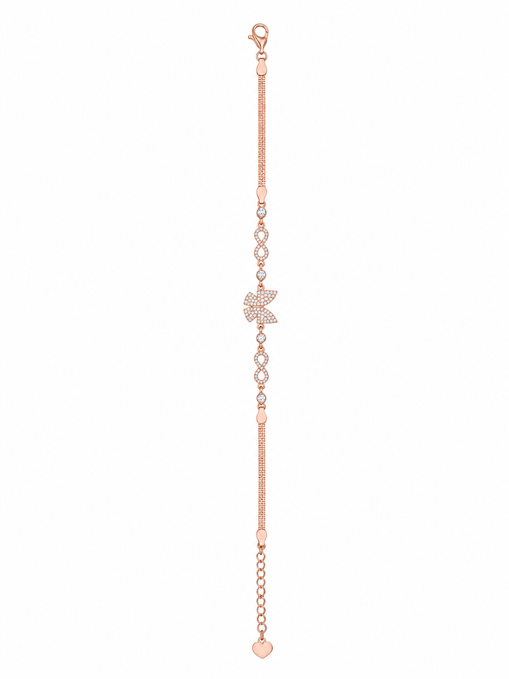 925 Sterling Silver Butterfly With Infinity Bracelet - Rose Gold Finish - front view