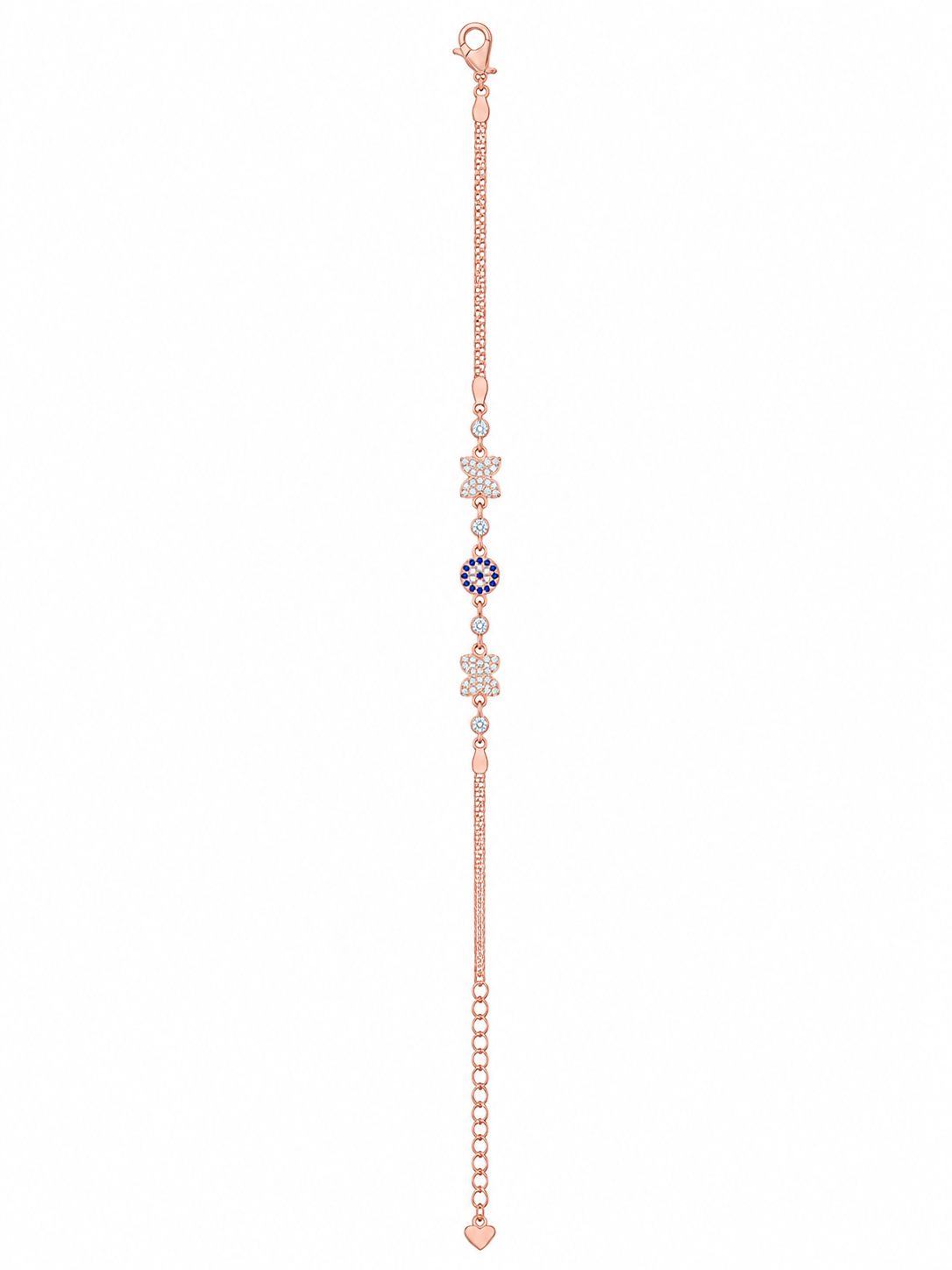 925 Sterling Silver Evil Eye With Butterfly Bracelet - Rose Gold Finish - front view