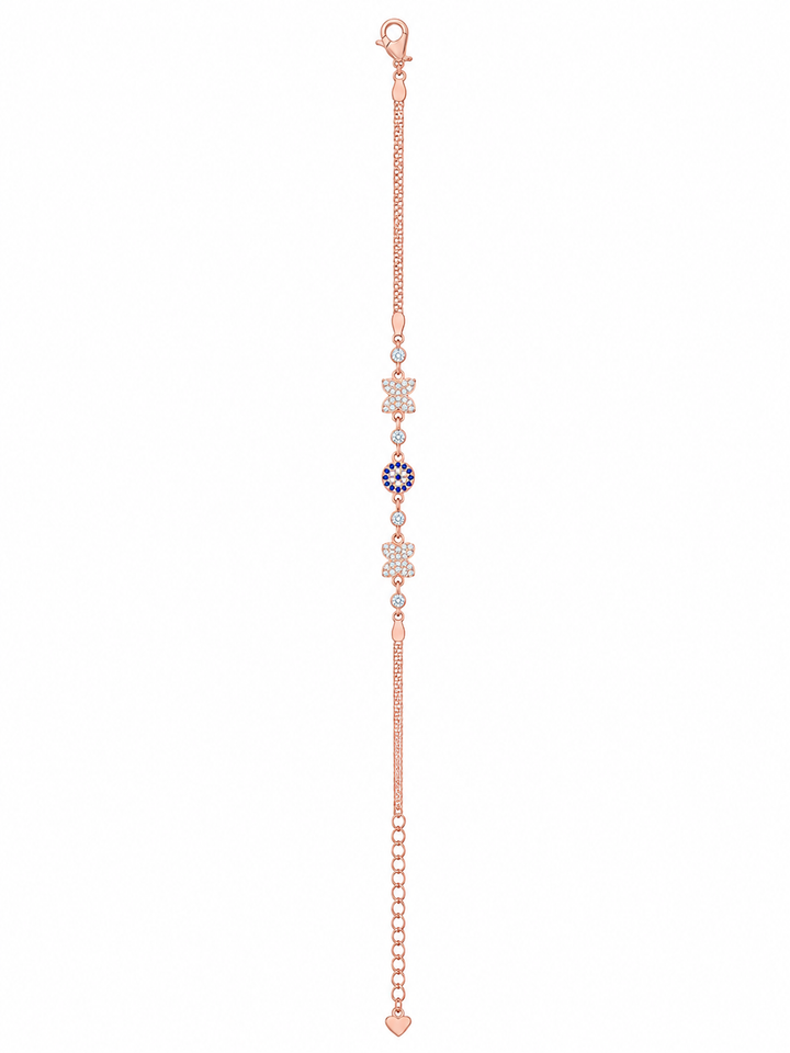 925 Sterling Silver Evil Eye With Butterfly Bracelet - Rose Gold Finish - front view