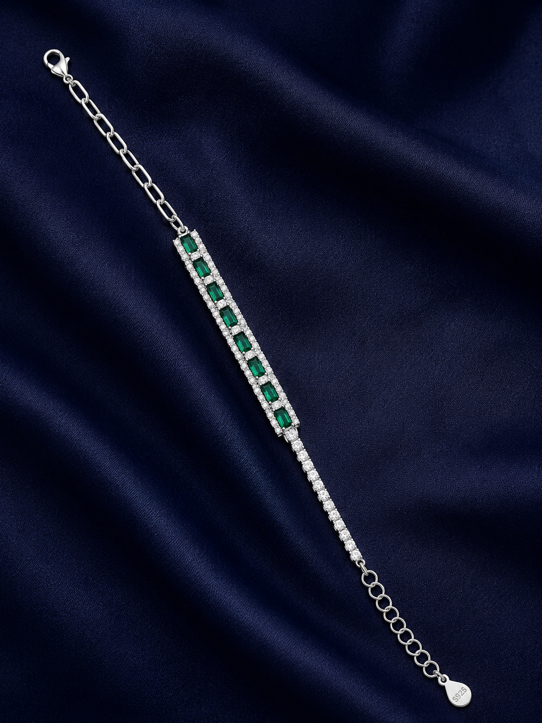 925 Sterling Silver Green Stone With Half Tennis Bracelet - Silver Finish - front view