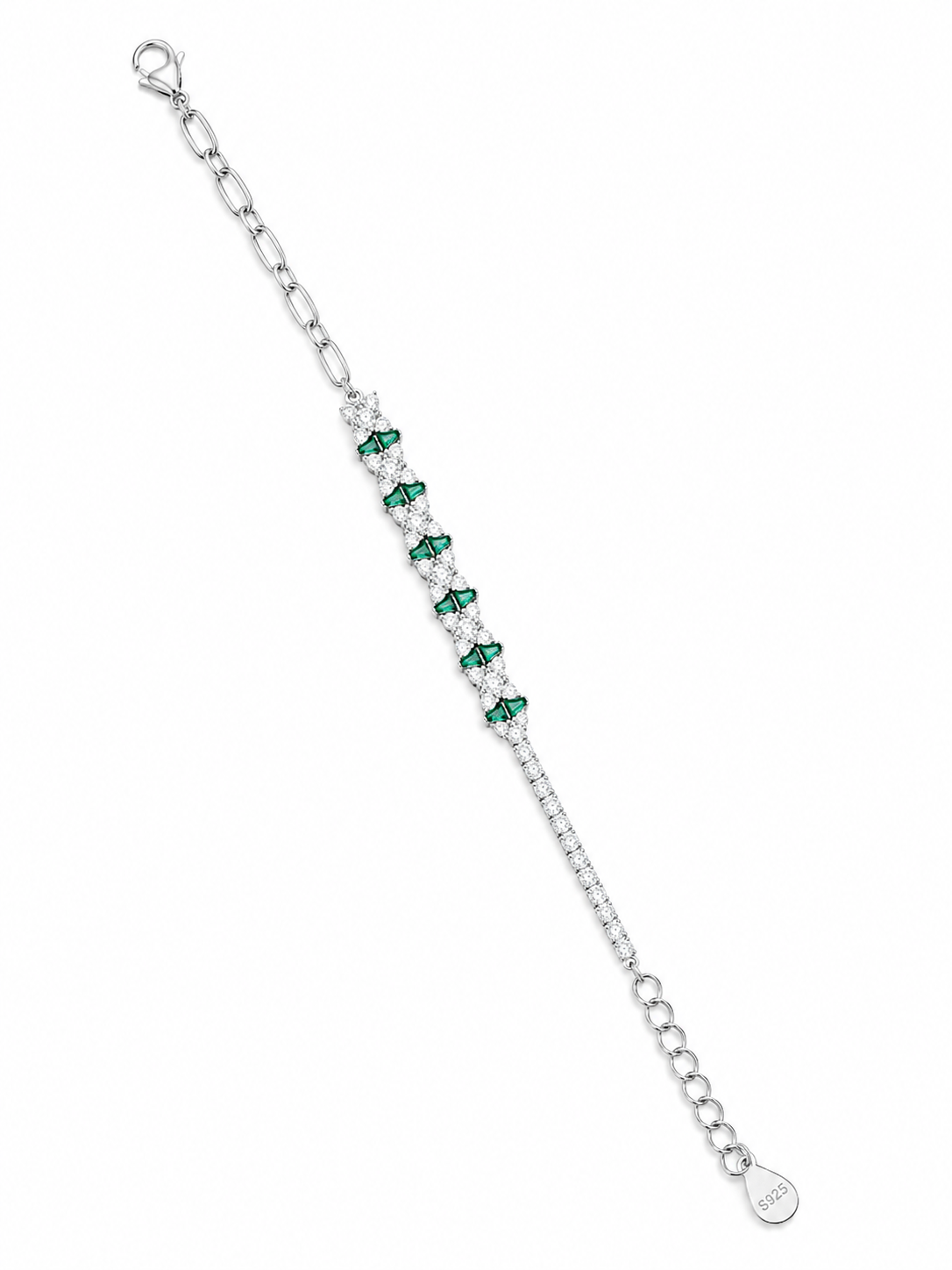 925 Sterling Silver Green Stone With Half Tennis Bracelet - Silver Finish - front view