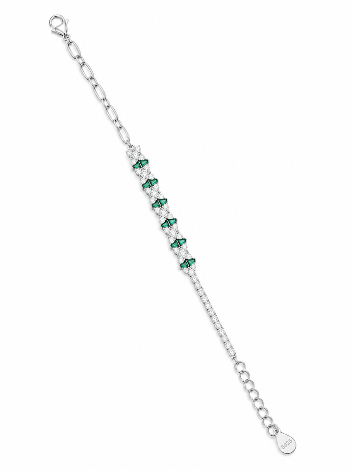 925 Sterling Silver Green Stone With Half Tennis Bracelet - Silver Finish - front view
