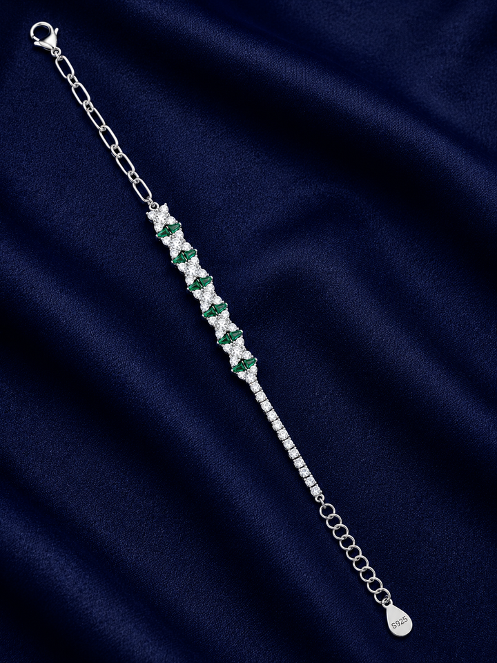 925 Sterling Silver Green Stone With Half Tennis Bracelet - Silver Finish - alternate view