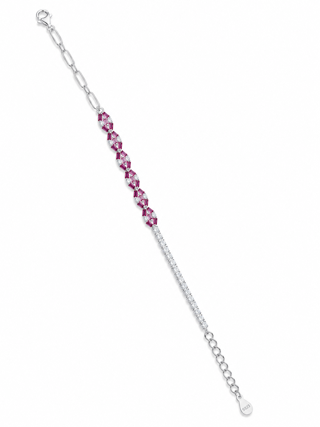 925 Sterling Silver Pink Stone With Tennis And Chain Bracelet - Silver Finish - front view