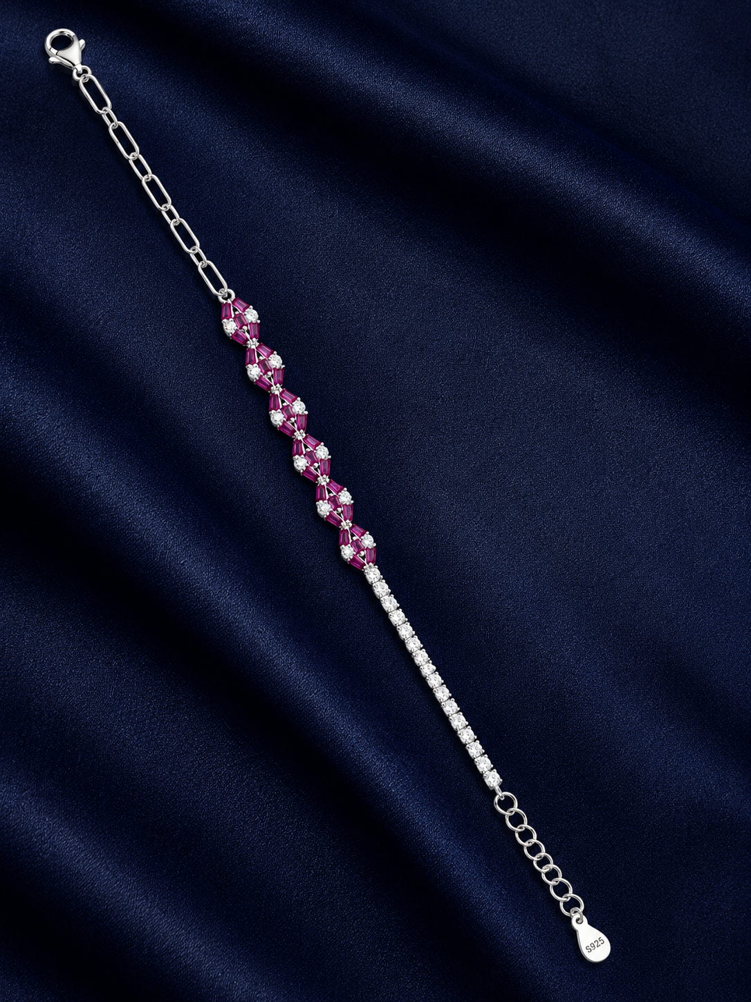 925 Sterling Silver Pink Stone With Tennis And Chain Bracelet - Silver Finish - alternate view