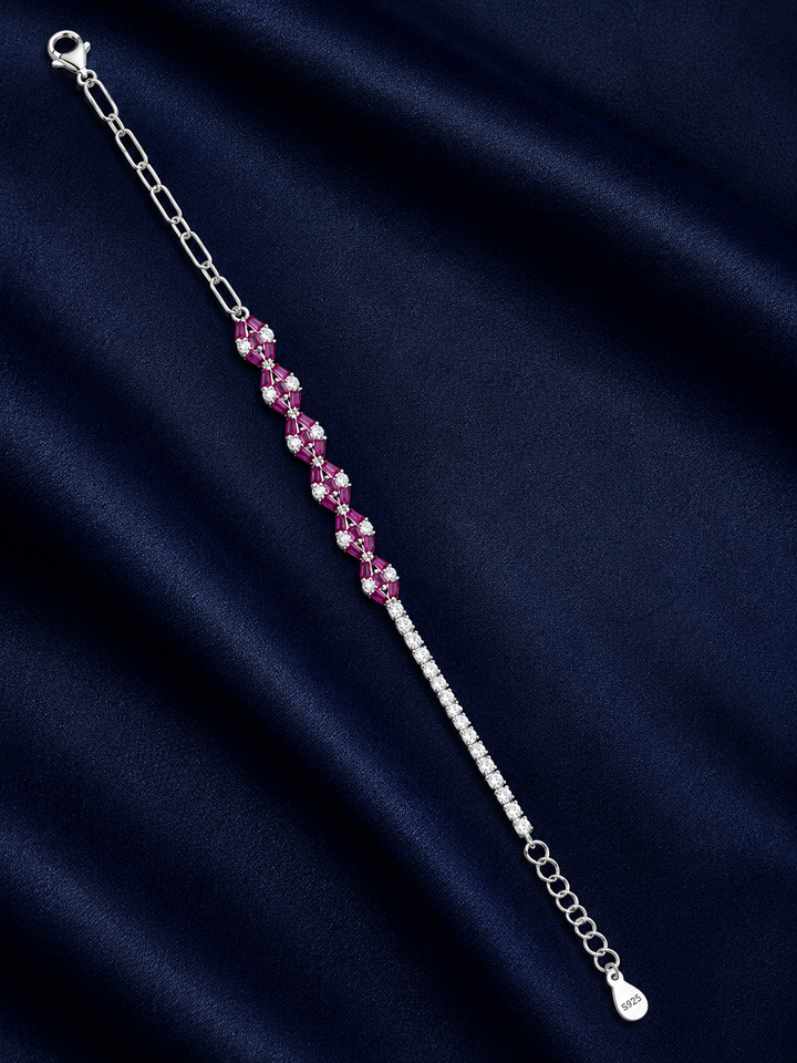 925 Sterling Silver Pink Stone With Tennis And Chain Bracelet - Silver Finish - alternate view