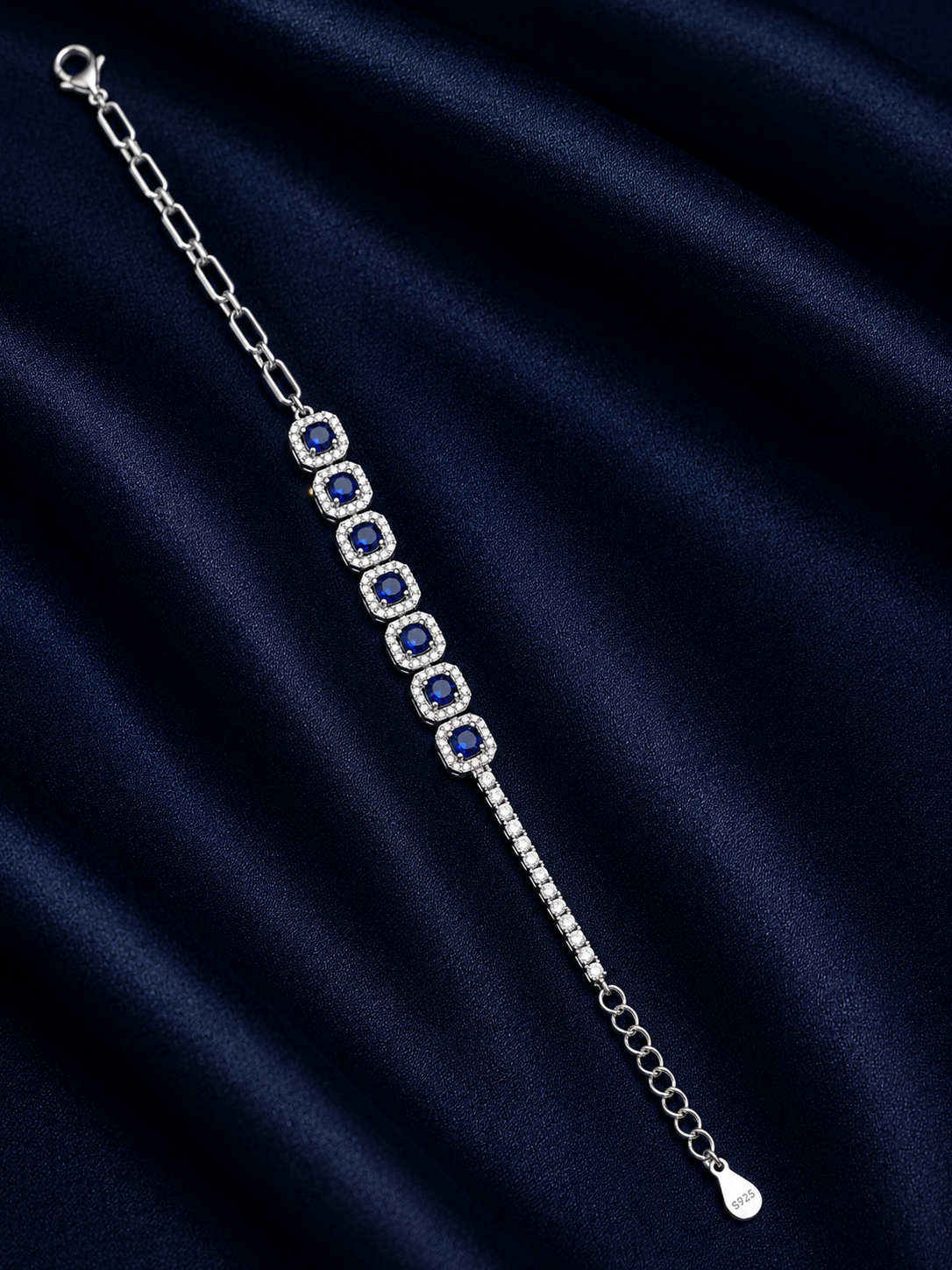 925 Sterling Silver Blue Stone With Tennis And Square Bracelet - Silver Finish - front view