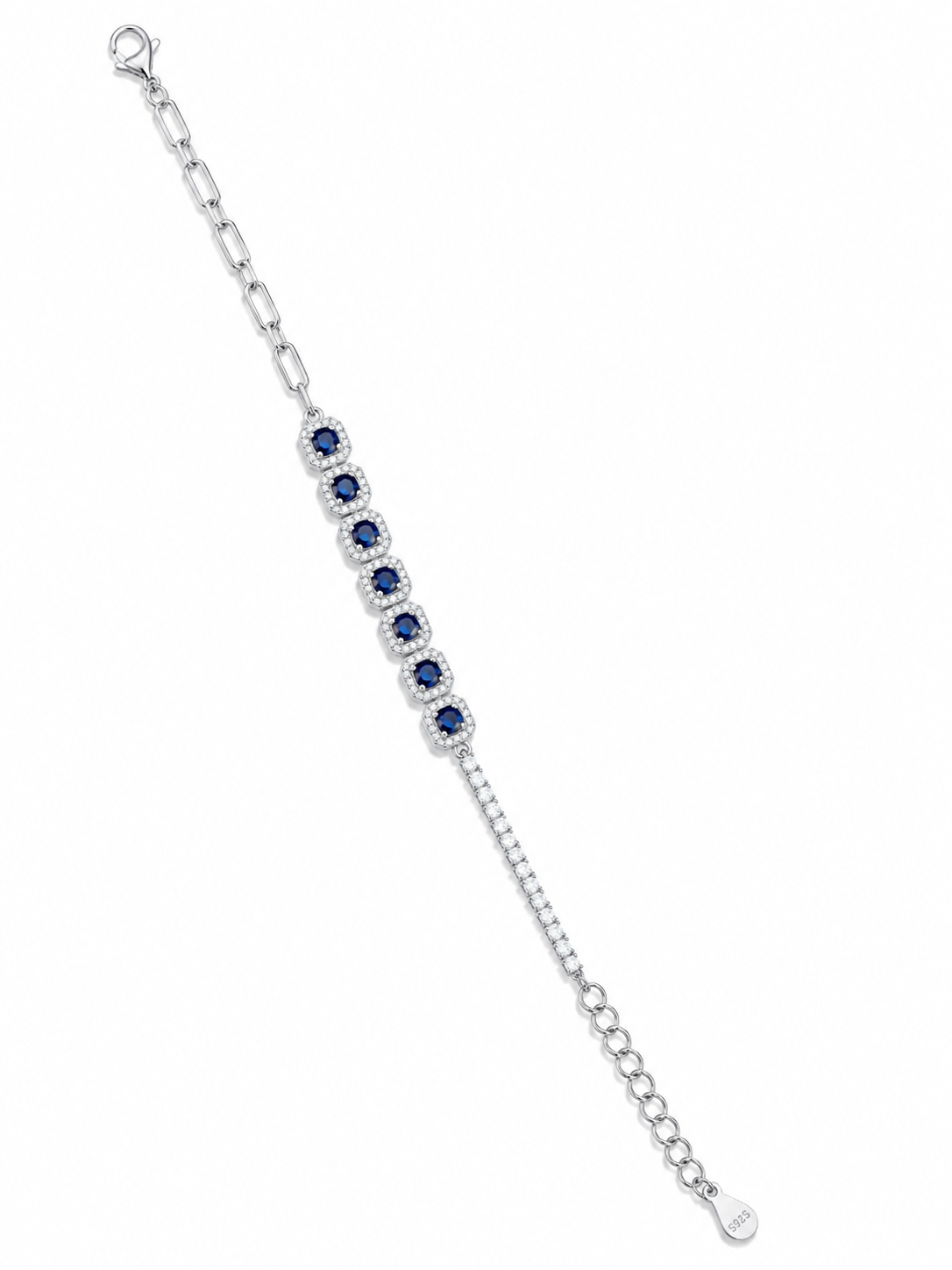 925 Sterling Silver Blue Stone With Tennis And Square Bracelet - Silver Finish - alternate view