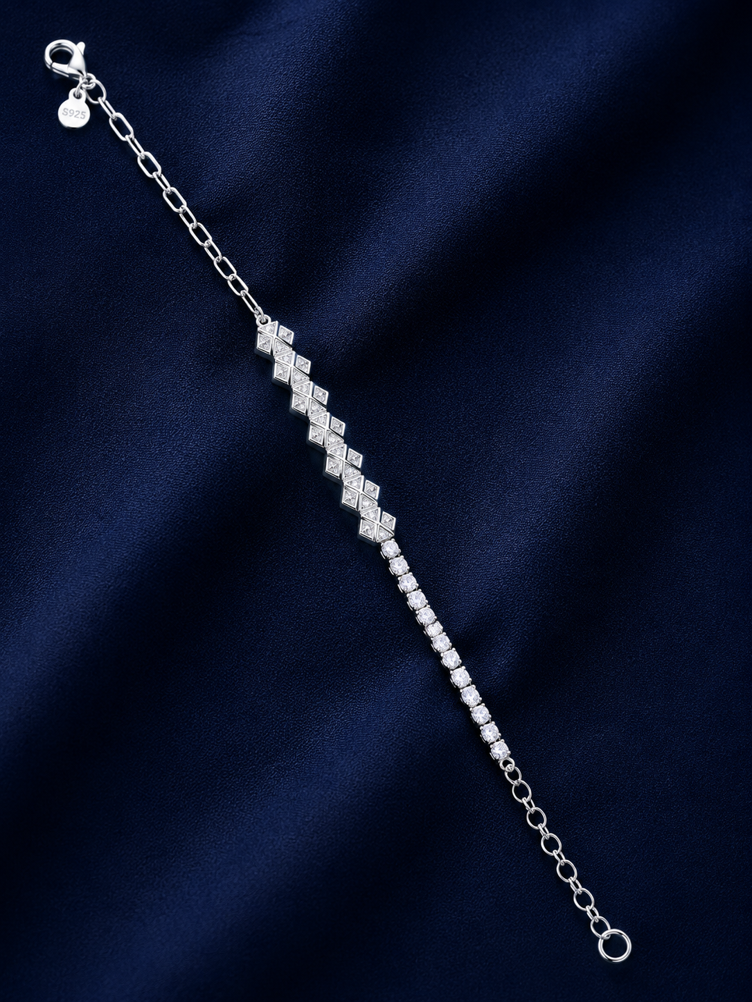 925 Sterling Silver CZ With Diamond Shape Pattern Bracelet - Silver Finish - front view