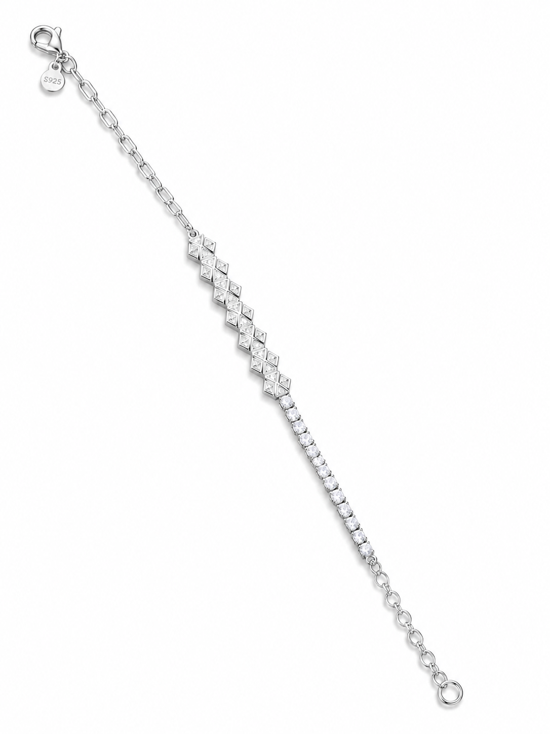 925 Sterling Silver CZ With Diamond Shape Pattern Bracelet - Silver Finish - alternate view