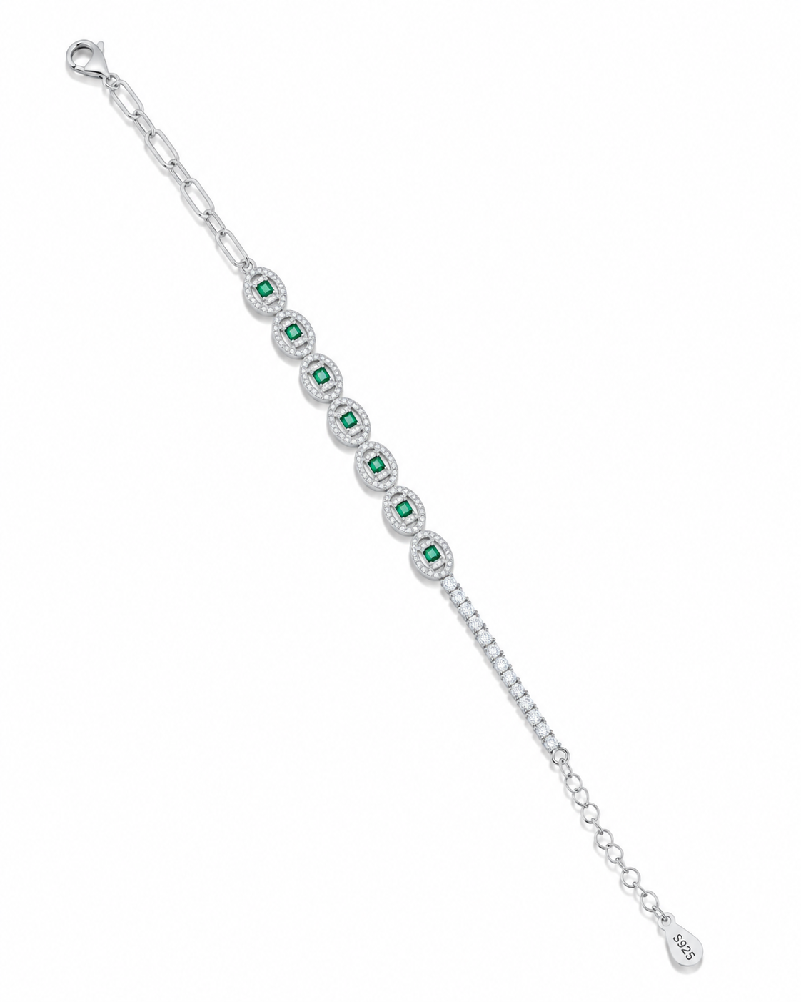 925 Sterling Silver Bracelet Green Stone With Half Tennis And Half Chain In A Oval Shape Touch Womens With All Collection With Bracelet 92.5 Sterling Bracelet - Silver Finish - front view