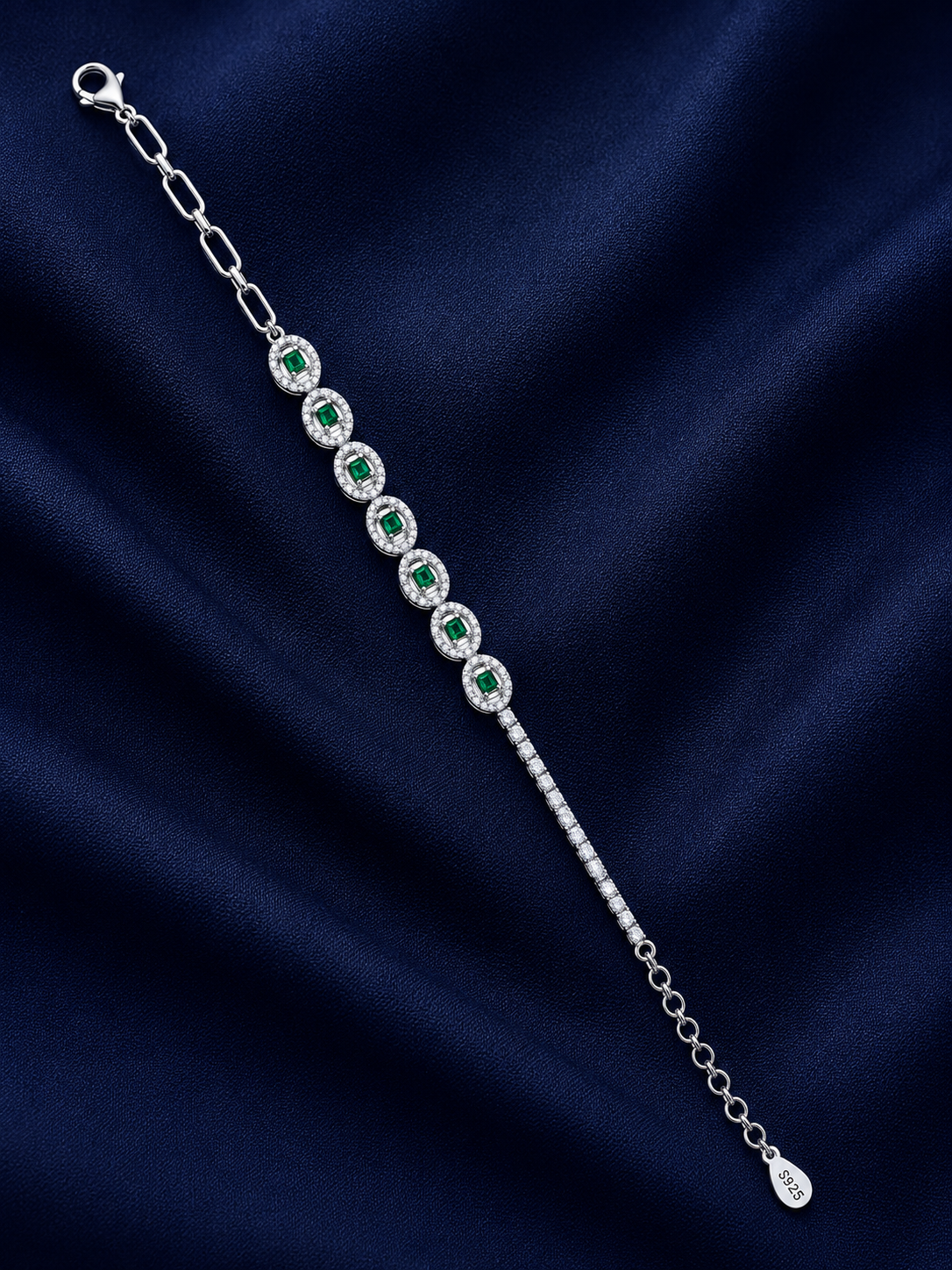 925 Sterling Silver Bracelet Green Stone With Half Tennis And Half Chain In A Oval Shape Touch Womens With All Collection With Bracelet 92.5 Sterling Bracelet - Silver Finish - alternate view