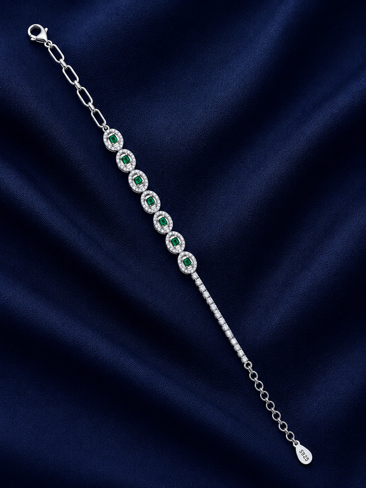 925 Sterling Silver Bracelet Green Stone With Half Tennis And Half Chain In A Oval Shape Touch Womens With All Collection With Bracelet 92.5 Sterling Bracelet - Silver Finish - alternate view