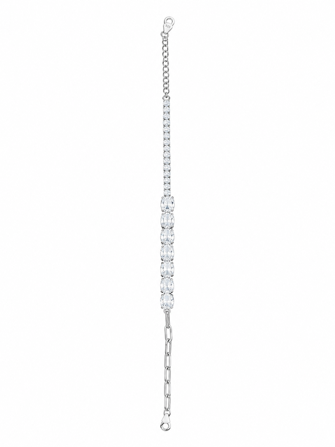 925 Sterling Silver CZ With Tennis And Chain Bracelet - Silver Finish - front view