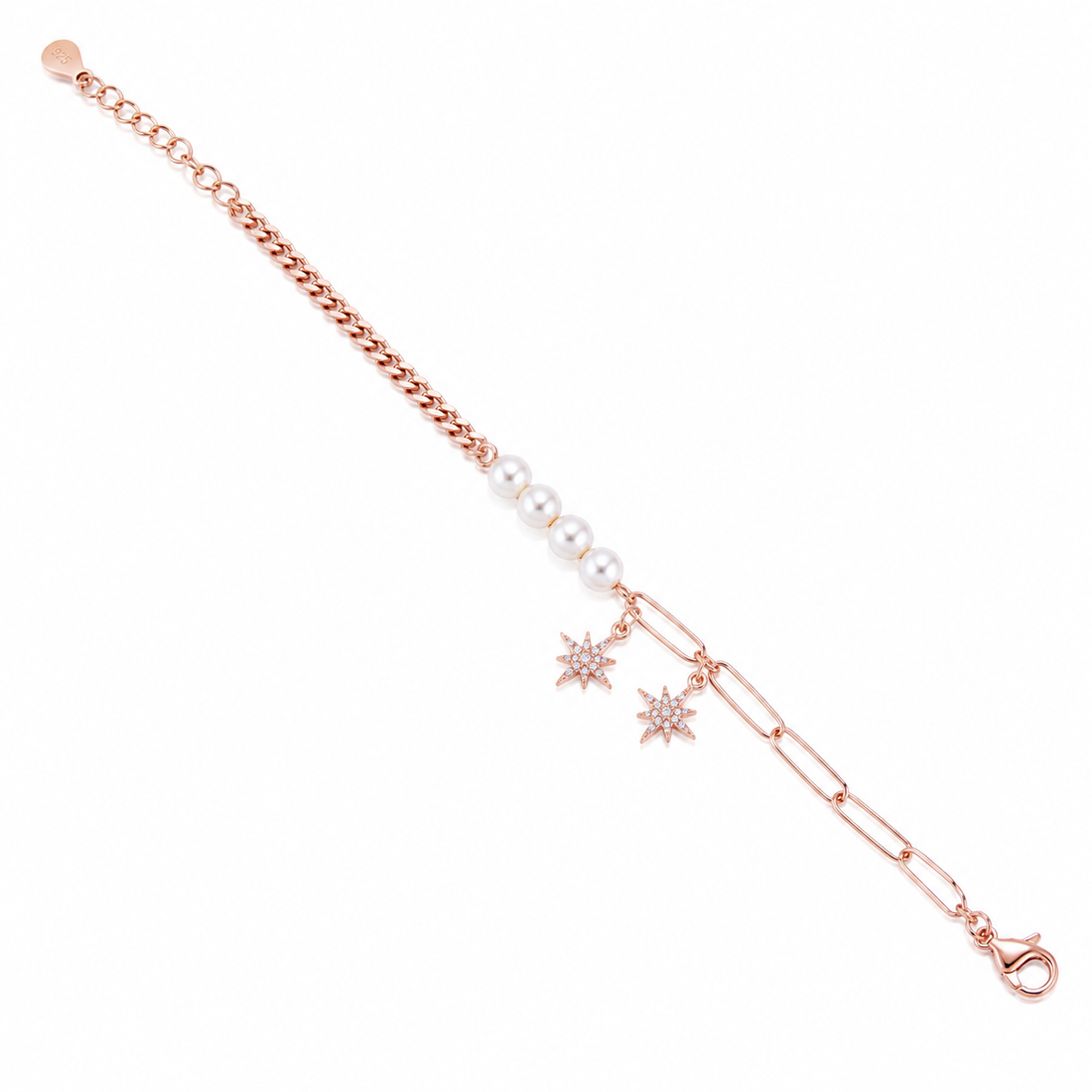 925 Sterling Silver Pearl With Charms Bracelet - Rose Gold Finish - front view