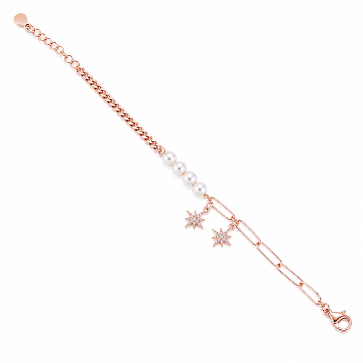 925 Sterling Silver Pearl With Charms Bracelet - Rose Gold Finish - front view