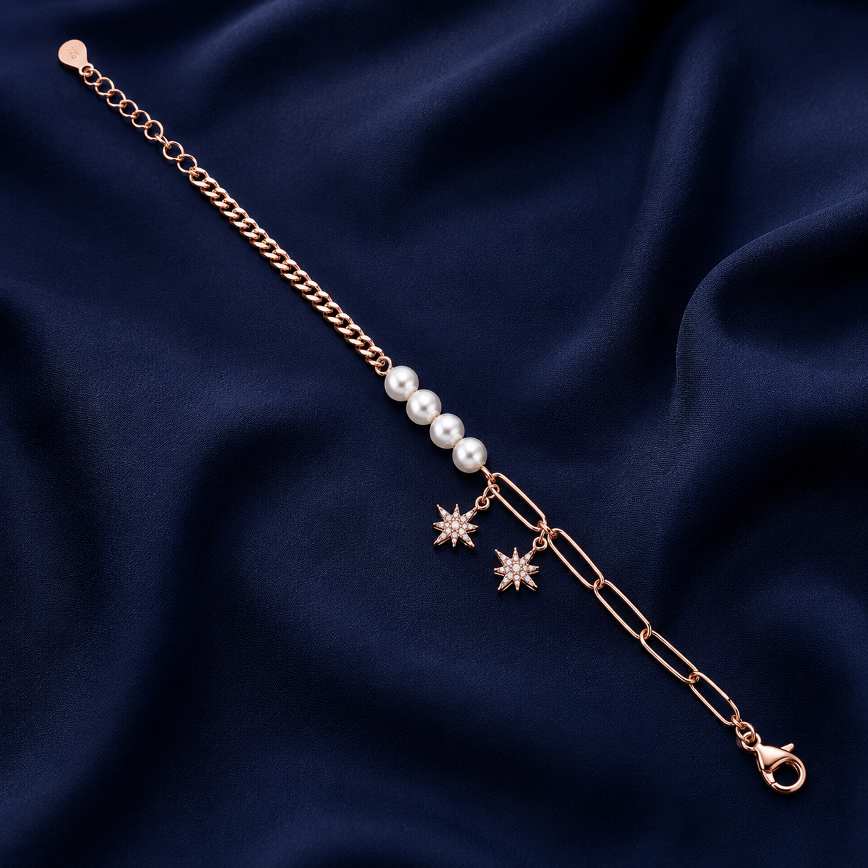 925 Sterling Silver Pearl With Charms Bracelet - Rose Gold Finish - alternate view