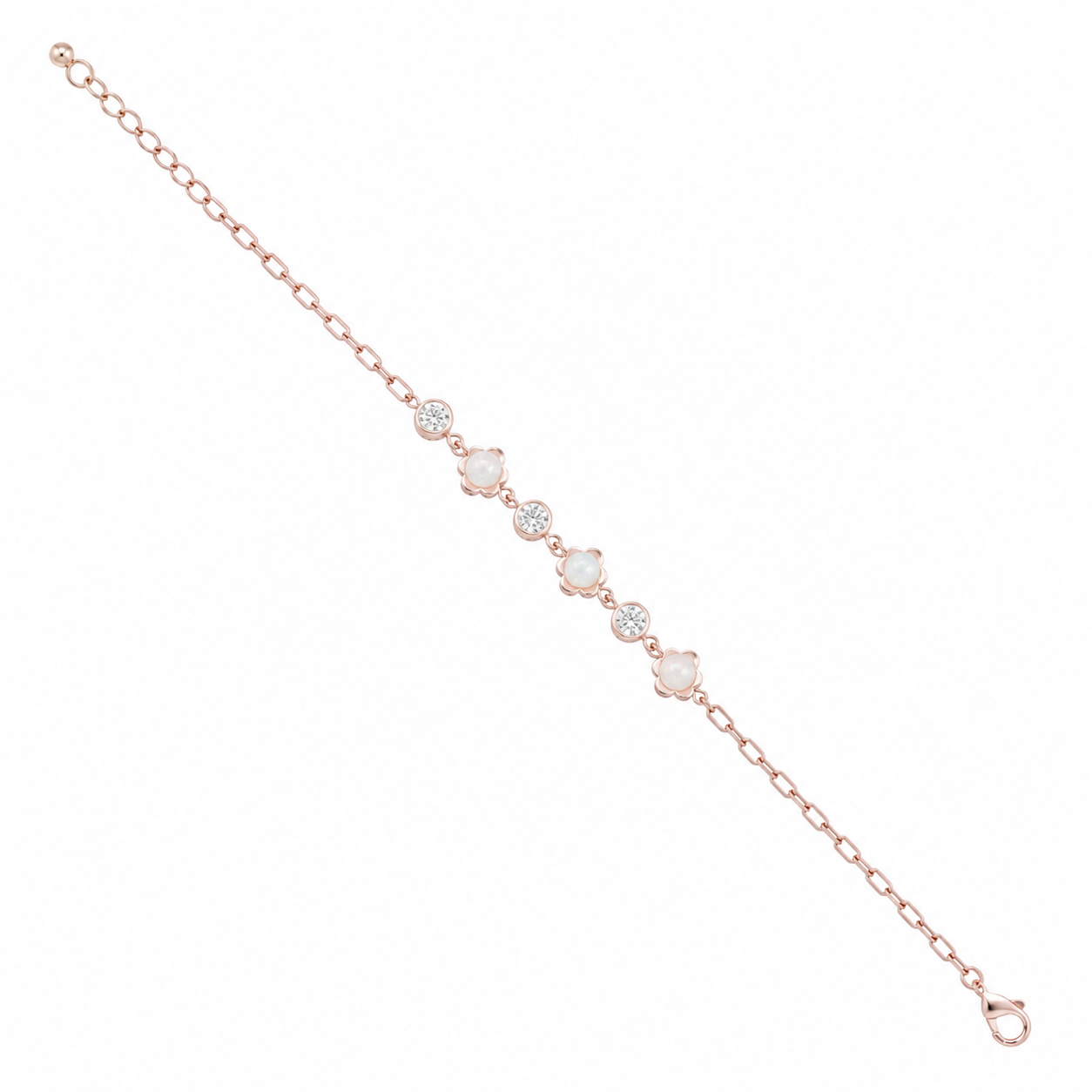 925 Sterling Silver Flower With Pearl Bracelet - Rose Gold Finish - front view