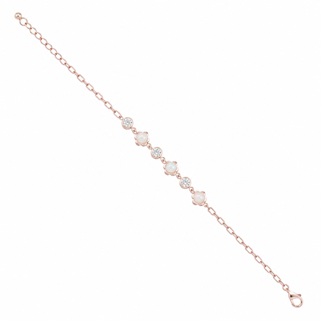 925 Sterling Silver Flower With Pearl Bracelet - Rose Gold Finish - front view