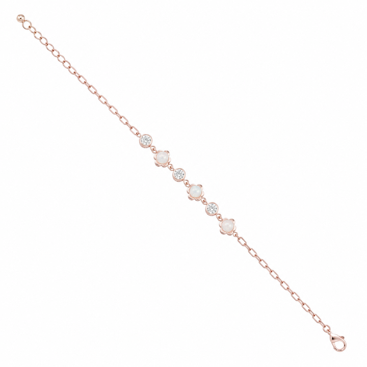 925 Sterling Silver Flower With Pearl Bracelet - Rose Gold Finish - front view