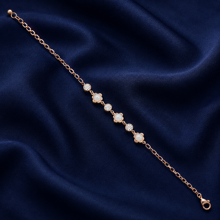 925 Sterling Silver Flower With Pearl Bracelet - Rose Gold Finish - alternate view