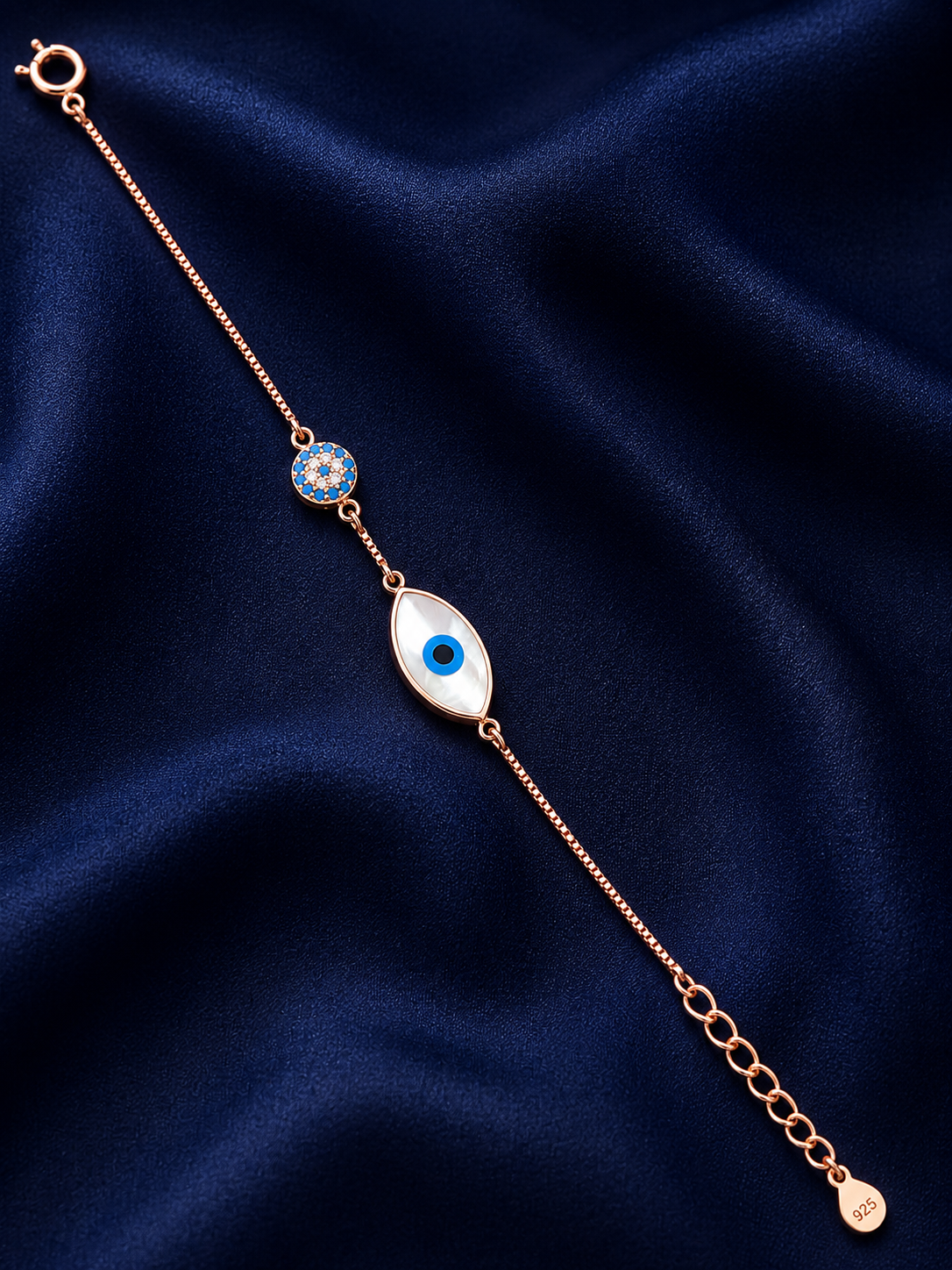 925 Sterling Silver Evil Eye Pendal With Charm Bracelet - Rose Gold Finish - front view