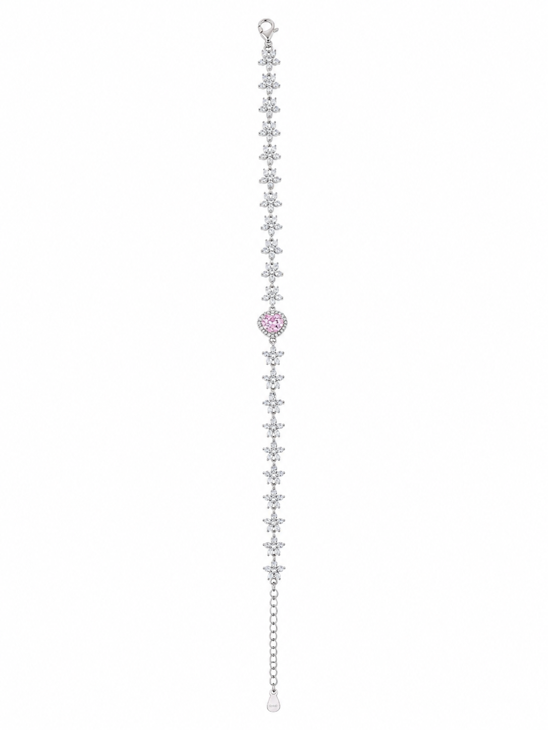 925 Sterling Silver Light Pink Heart Shape Bracelet - Silver Finish - front view