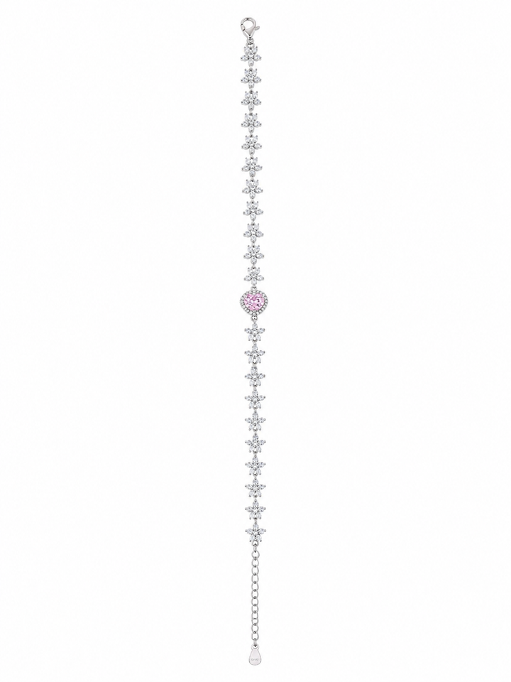 925 Sterling Silver Light Pink Heart Shape Bracelet - Silver Finish - front view