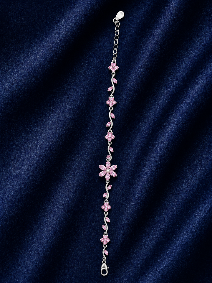 925 Sterling Silver Pink Stone Bracelet - Silver Finish - front view