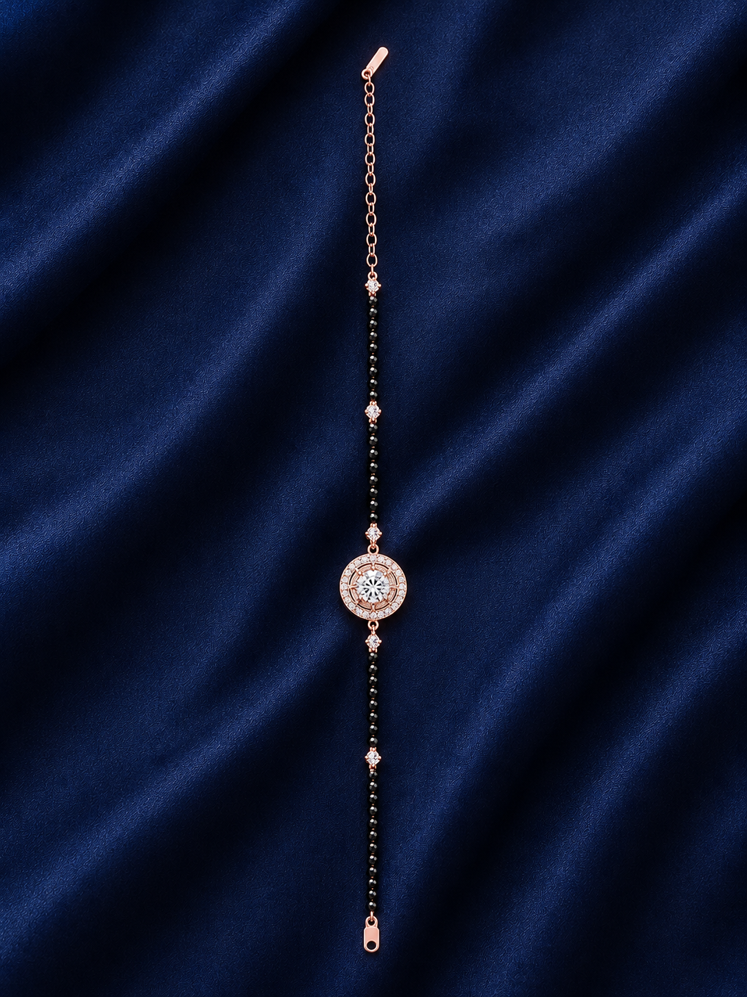 925 Sterling Silver Hand Mangalsutra Bracelet - Rose Gold Finish - front view