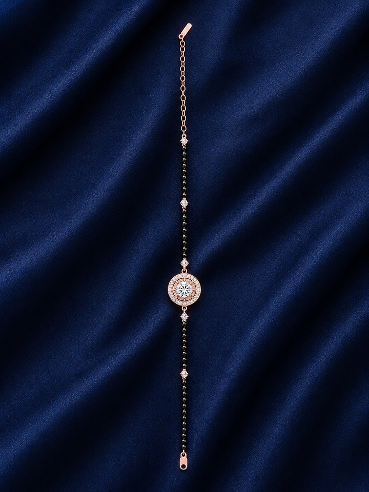 925 Sterling Silver Hand Mangalsutra Bracelet - Rose Gold Finish - front view