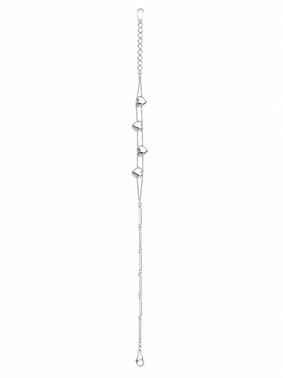 925 Sterling Silver Heart Shape Double Line Bracelet - Silver Finish - front view