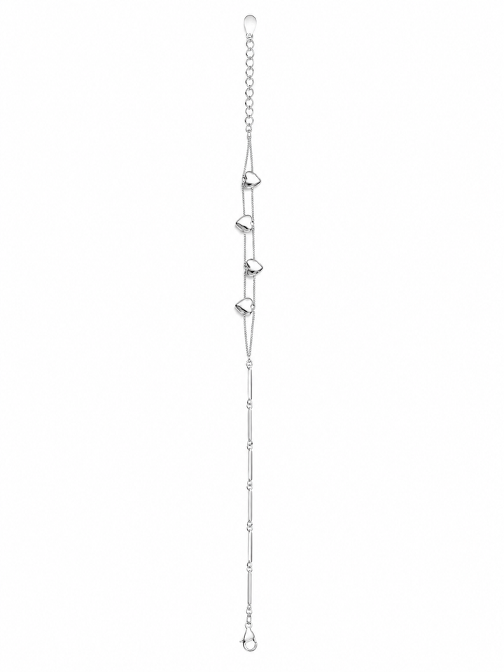 925 Sterling Silver Heart Shape Double Line Bracelet - Silver Finish - front view