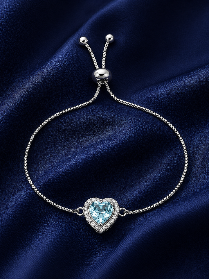 925 Sterling Silver Heart Shape Blue Stone Bracelet - Silver Finish - front view