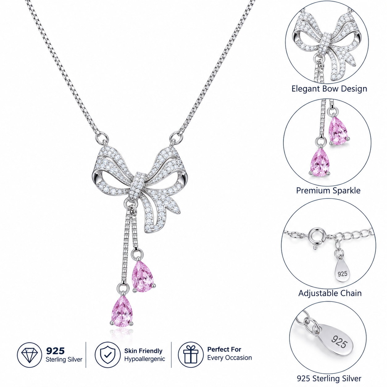 925 Sterling Silver Silver Chain Pendant – Bow With Pink Stone