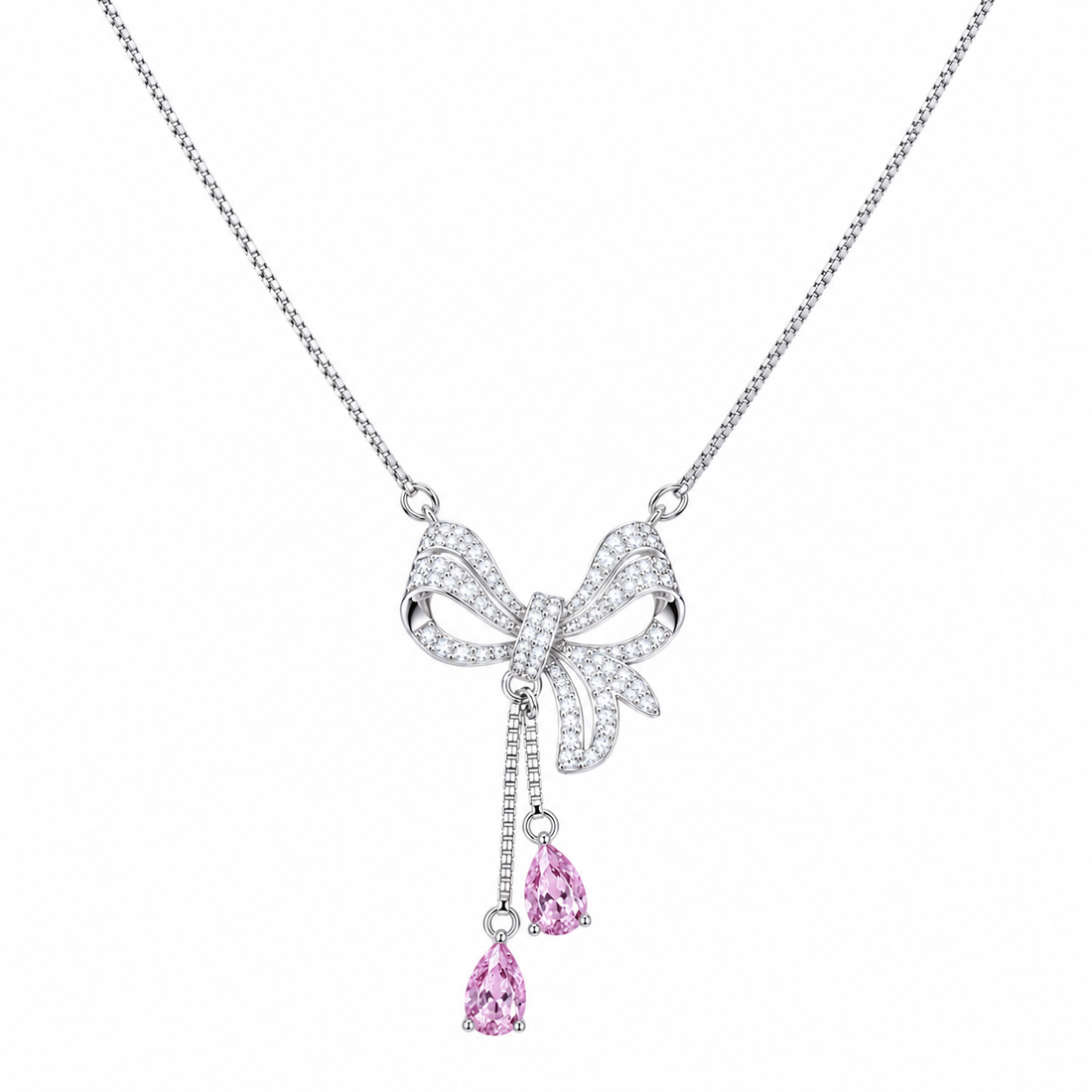 925 Sterling Silver Silver Chain Pendant – Bow With Pink Stone