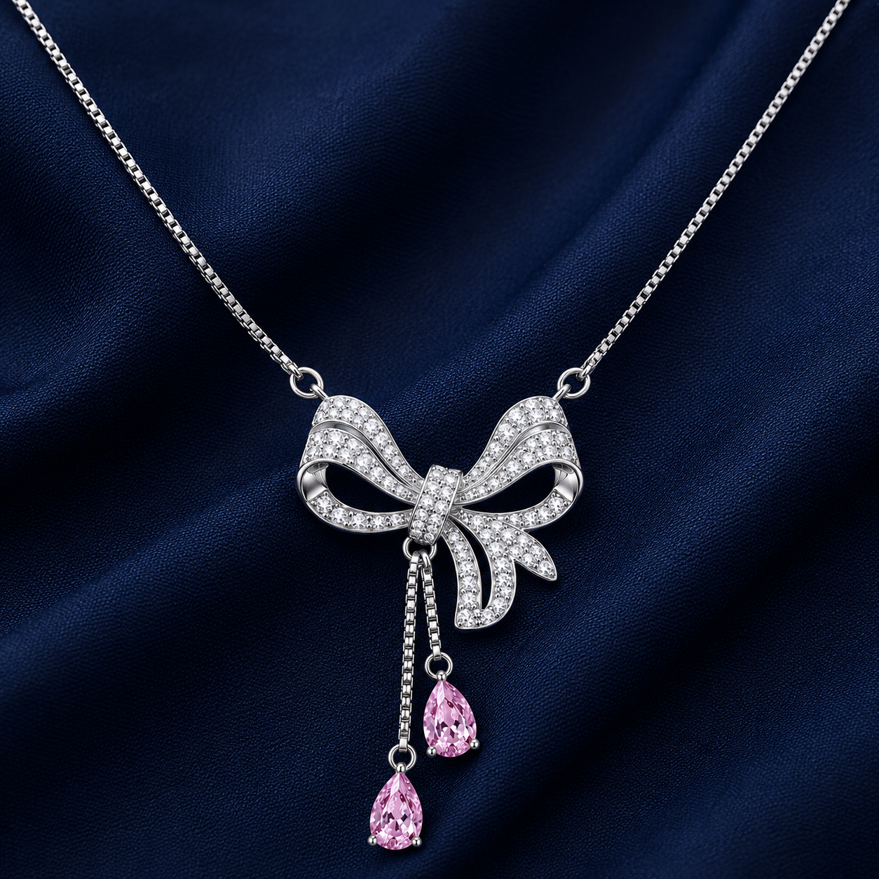 925 Sterling Silver Silver Chain Pendant – Bow With Pink Stone