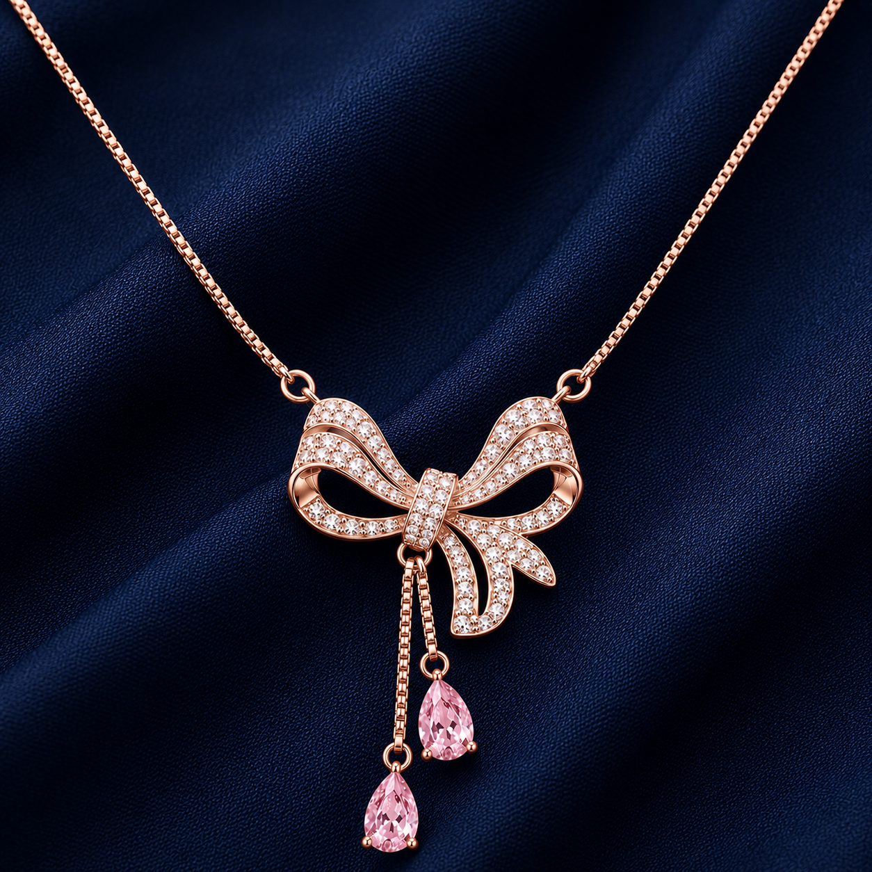 925 Sterling Silver Rose Gold Chain Pendant – Bow With Pink Stone