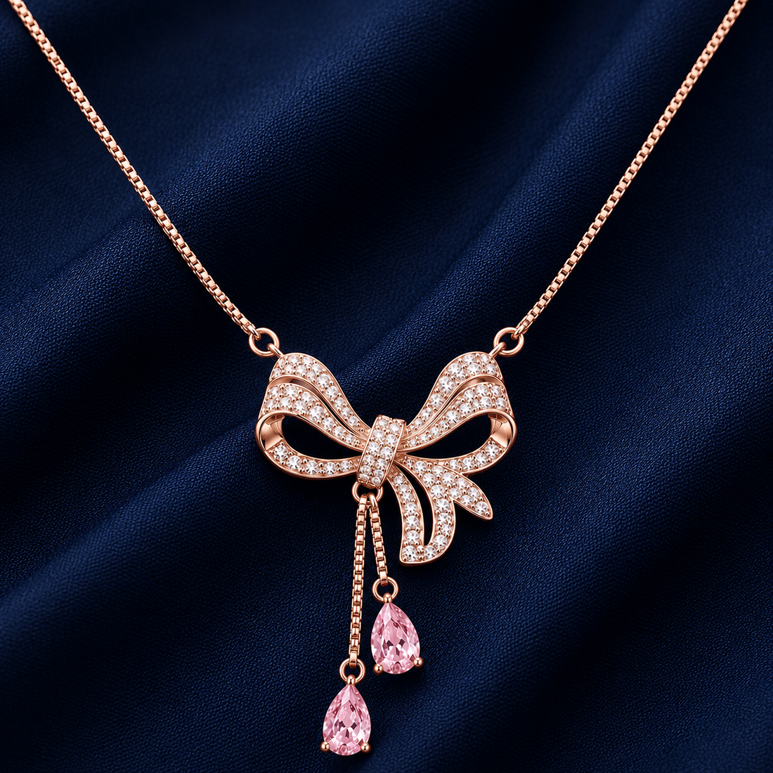 925 Sterling Silver Rose Gold Chain Pendant – Bow With Pink Stone