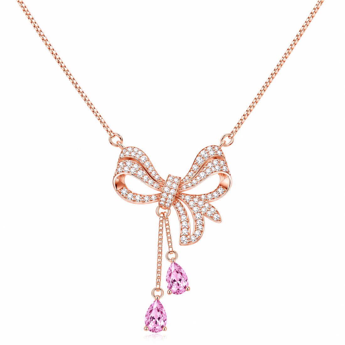 925 Sterling Silver Rose Gold Chain Pendant – Bow With Pink Stone