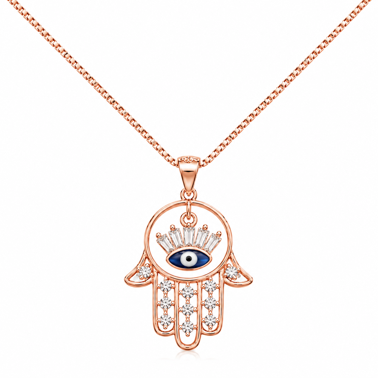 925 Sterling Silver Rose Gold Chain Pendant – Hamsahand With Evileye Charm