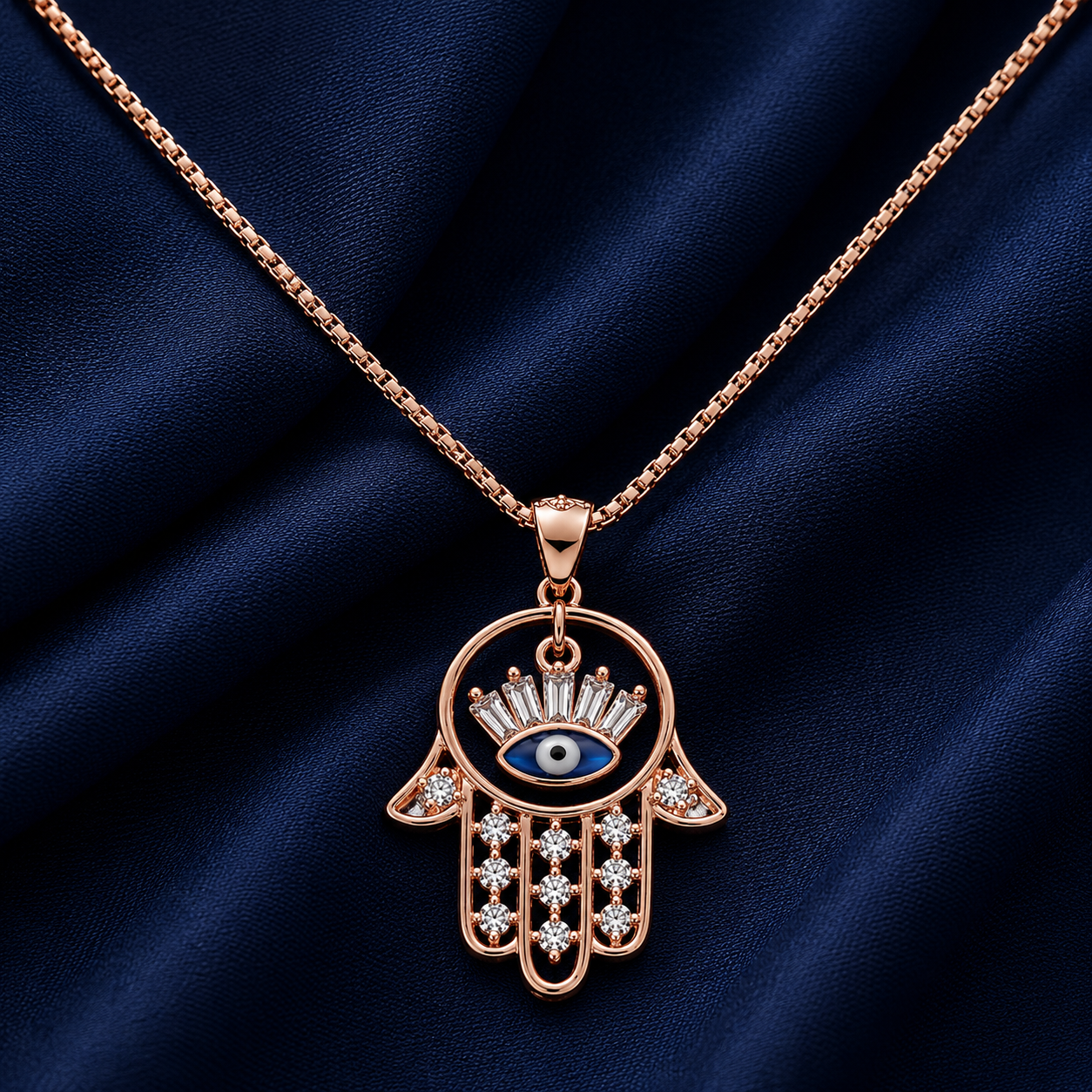 925 Sterling Silver Rose Gold Chain Pendant – Hamsahand With Evileye Charm