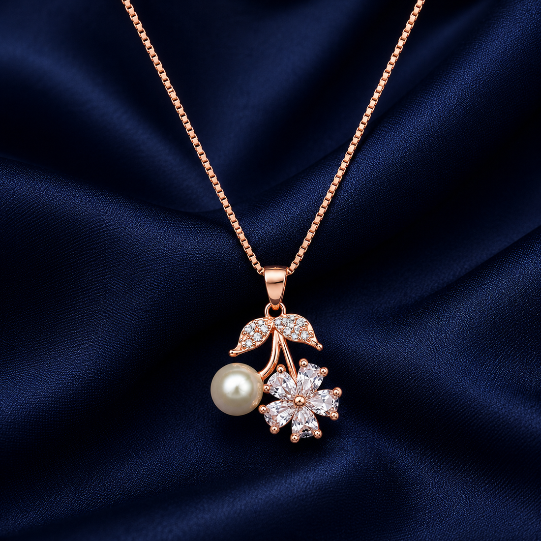 925 Sterling Silver Floral Starburst Drop Pendant Necklace - Rose Gold Finish - front view