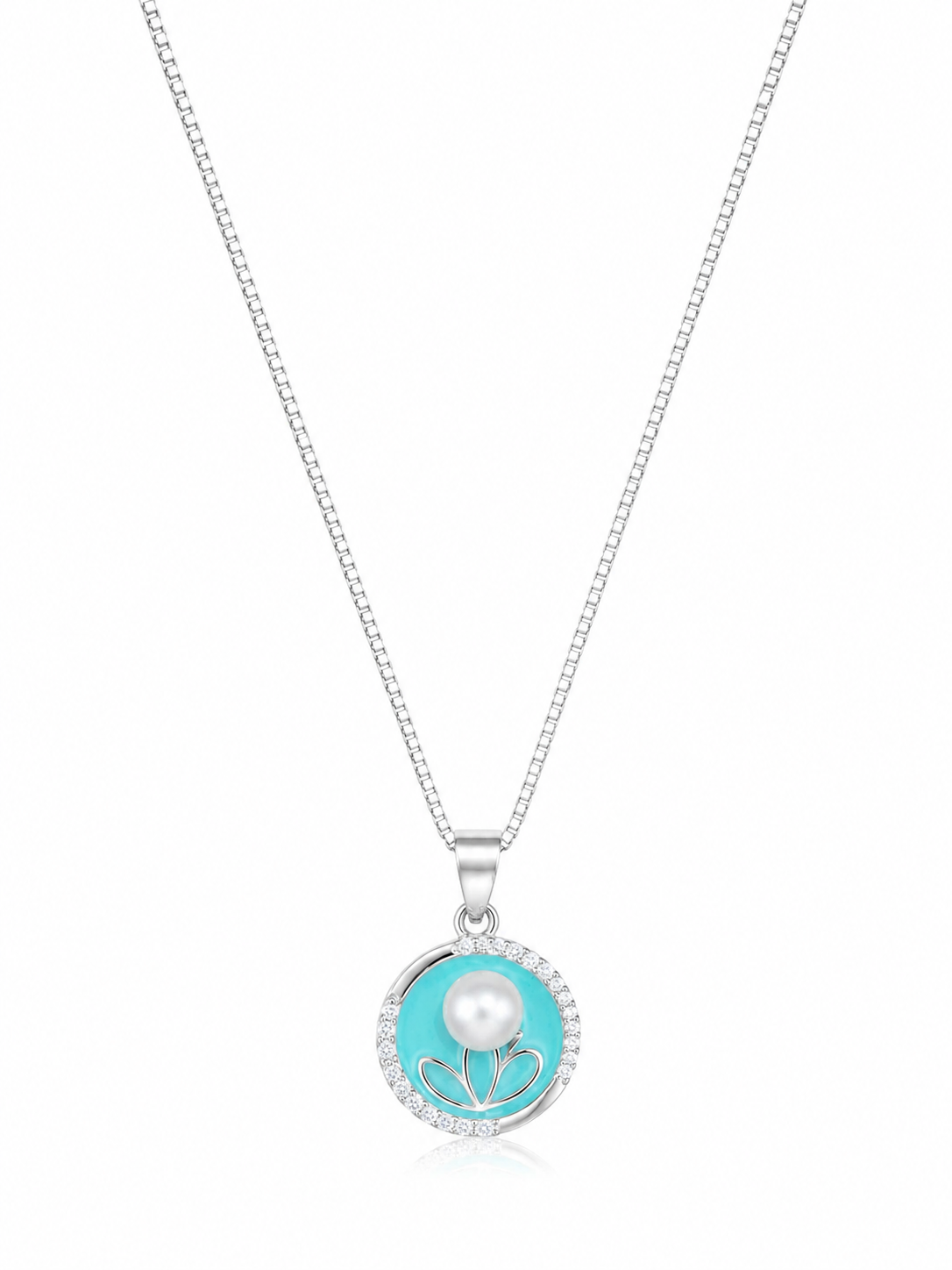 925 Sterling Silver Turquoise Round Halo Pendant Necklace - Silver Finish - front view